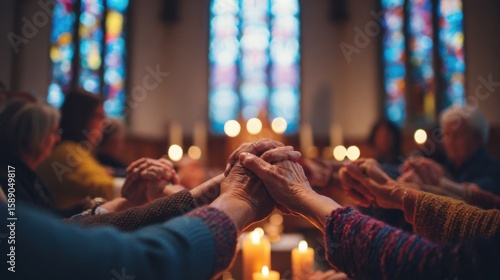 Diverse group of elderly people holding hands together during prayer or reflection in a church with stained glass windows.