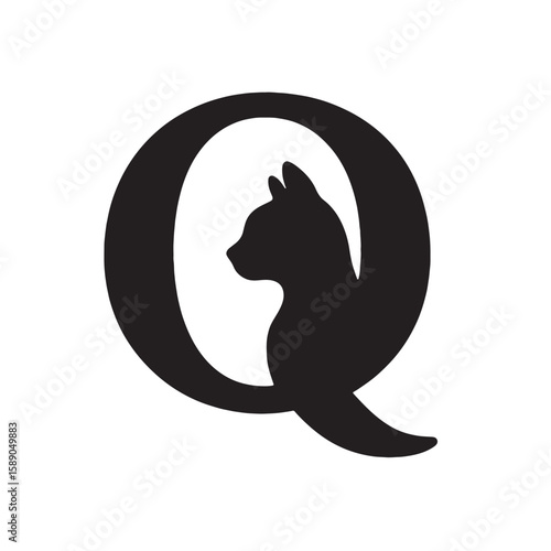 Black cat silhouette within letter Q white