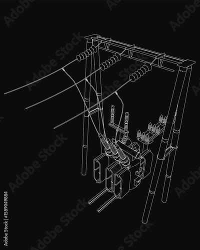 A 3D wireframe model of a high voltage power line features intricate details like transformers, wires, and electrical components. The black background highlights the substation contour with precision.