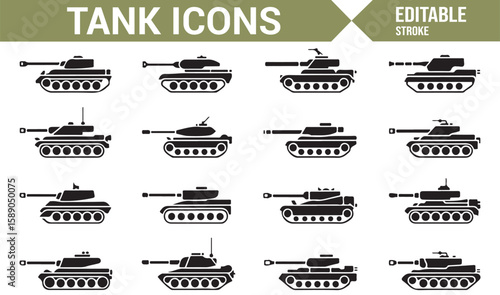 Minimalist tank icons representing various combat vehicles for military and warfare graphics.