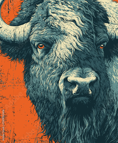 Intense Bison Face Portrait Illustration in Blue and Orange