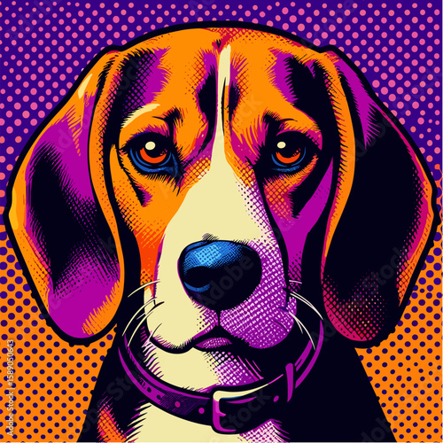 Beagle portrait in pop art vector with bright purple-orange tones