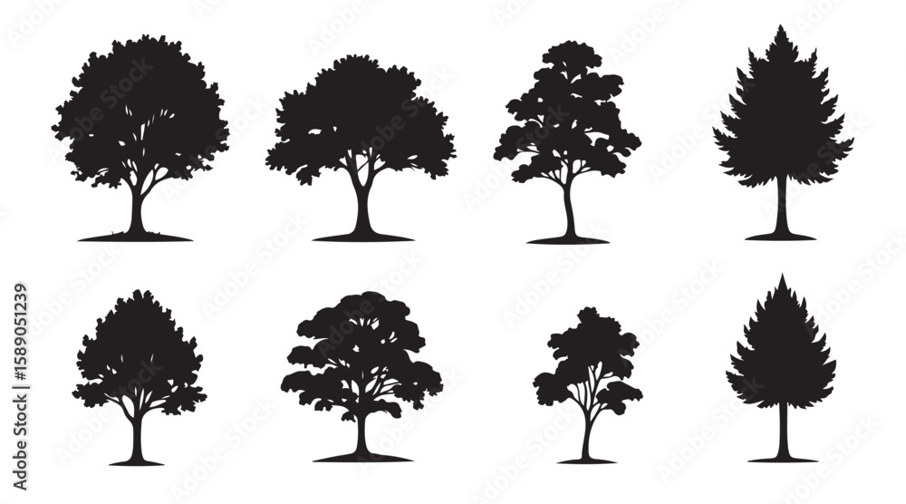 Fototapeta premium Tree Silhouette Vector Set – Diverse Forest Shapes and Botanical Icons