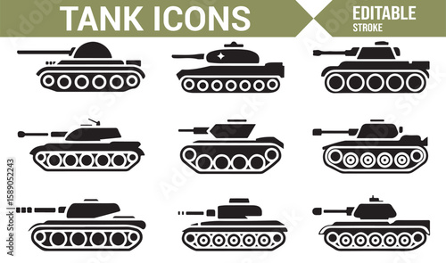 Line-drawing tank icons representing different designs for military, combat, and defense purposes.