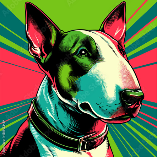 Bull Terrier in pop art vector style, neon green and fire red palette