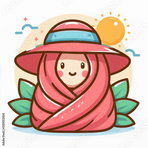 A cartoonish figure in pink hijab and sunhat surrounded by leaves under a bright sun