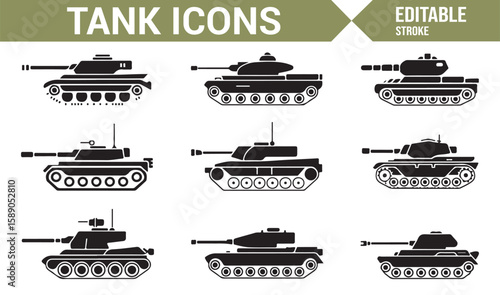 A set of black-and-white tank icons showcasing various armored vehicle designs for military content.