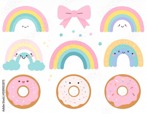 Cute Pastel Rainbows And Donuts On White Background With Star Decorations