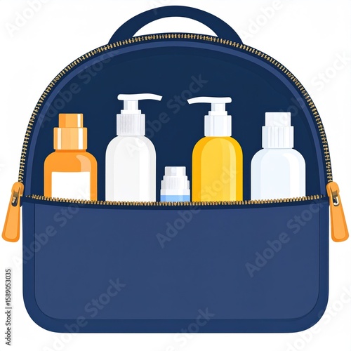 Dark Blue Cosmetic Bag With Assorted Beauty Products Including White And Yellow Bottles