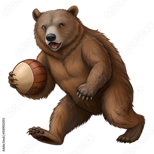 Cartoon grizzly bear playing basketball smiling with a brown and beige ball on black background