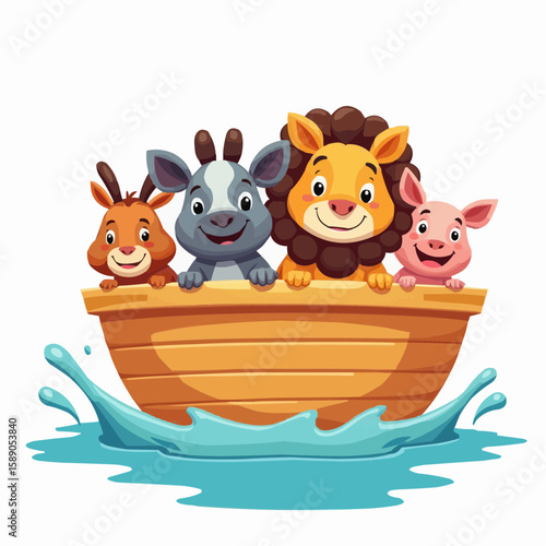 Cartoon vector, playful ark scene, exaggerated animal proportions, happy faces, water splashes