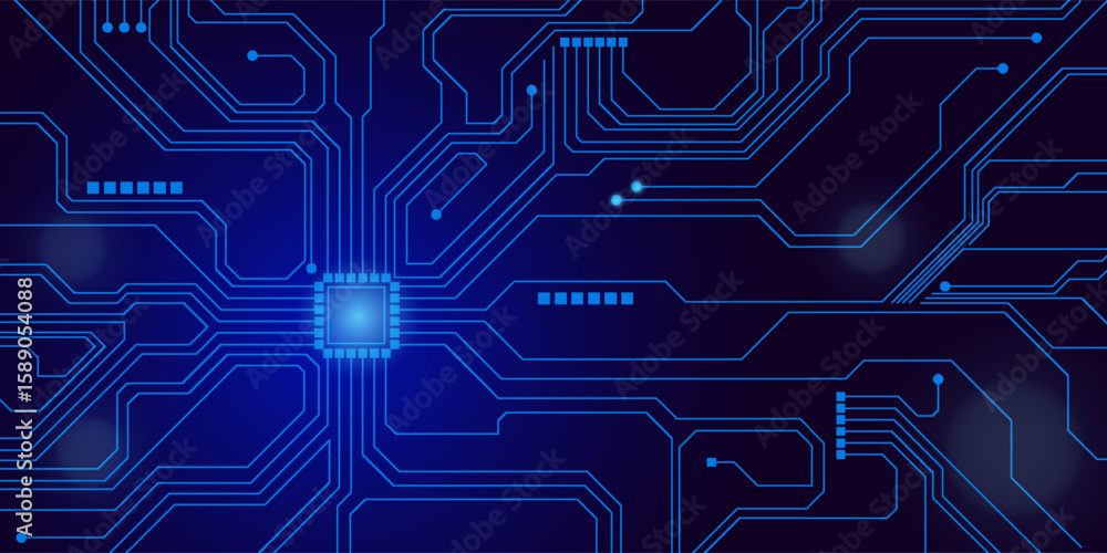 Obraz premium Brightly glowing AI chip on light circuit board on technology blue background. CPU processor or semiconductor on tech bg. Computer microchip on motherboard. Abstract digital vector illustration.