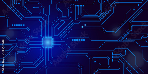 Brightly glowing AI chip on light circuit board on technology blue background. CPU processor or semiconductor on tech bg. Computer microchip on motherboard. Abstract digital vector illustration.