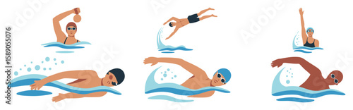 Colorful illustrations of five swimmers performing freestyle, backstroke, and dive techniques—perfect for sports, fitness, and aquatic visuals