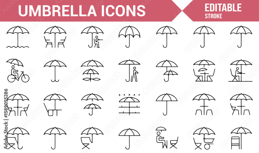Obraz premium A collection of umbrella icons for digital content related to weather, protection, and outdoor activities.