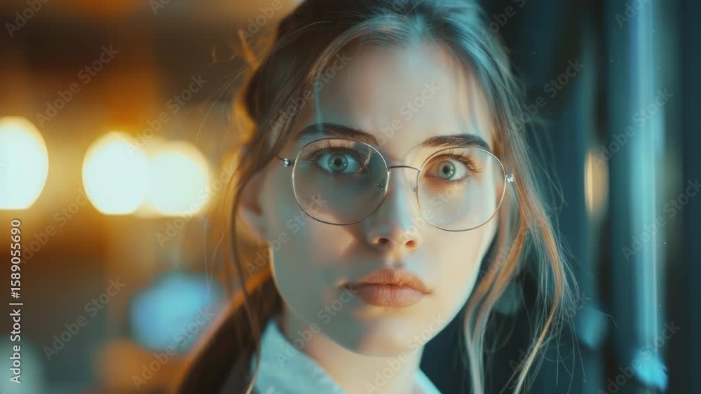A woman wearing glasses stands in front of a window, looking out A woman wearing glasses stands in front of a window, looking out
