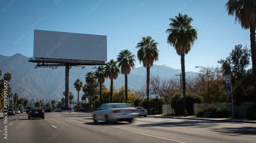 Wide angle shot of a busy street with palm trees and cars during daytime in a sunny urban environment. Wide angle shot of a busy street with palm trees and cars during daytime in a sunny urban environment.