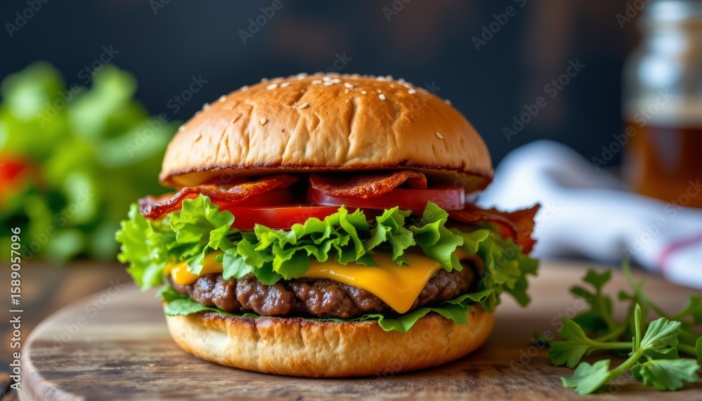 Savory bacon cheeseburger with sesame seed bun beef patty melted cheese lettuce and tomato slices on a wooden board Savory bacon cheeseburger with sesame seed bun beef patty melted cheese lettuce and tomato slices on a wooden board