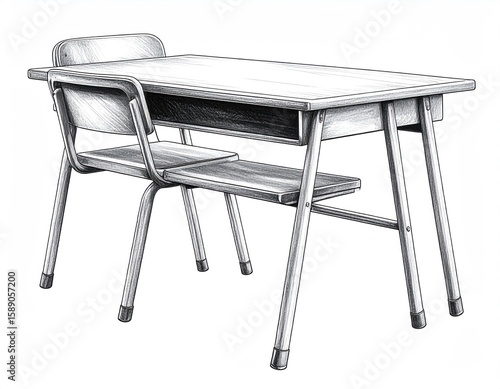 Detailed Illustration Of Empty School Desk And Chair In Black And White