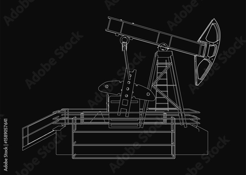A black and white contour drawing of an oil pump jack stands out against a dark background. The detailed illustration highlights the mechanical components and structural features of the pump.