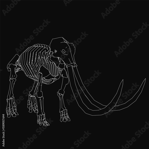 A detailed black and white contour drawing of a mammoth skeleton on a dark background. The lifelike illustration features a long snout, sharp teeth, and an alert expression with wide eyes.