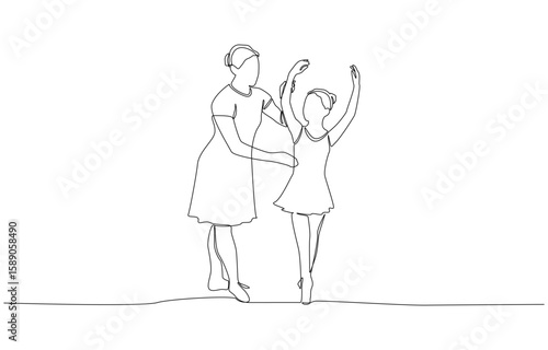 Continuous one line drawing of ballet teacher guiding young girl in dance practice, ballet dance class concept, single line art.