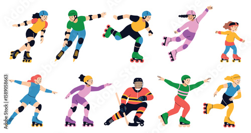 Collection of vibrant roller skating illustrations featuring diverse individuals in action poses with helmets and gear—ideal for active design themes