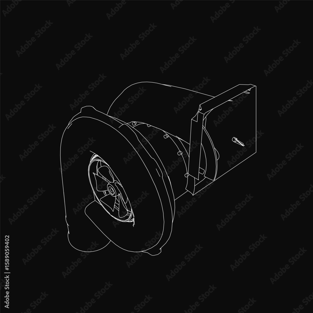Naklejka premium Black and white contour drawing of a turbine blower with detailed blades and handle, isolated on a dark background. The intricate mechanical design highlights precision and industrial aesthetics.