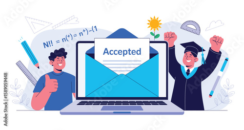 Illustration of two joyful students celebrating a college acceptance letter on laptop, surrounded by educational icons and school-themed elements
