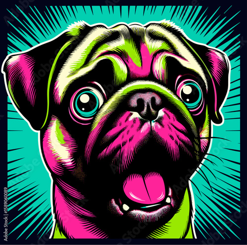 Pug with surprised face in neon blue and magenta pop art vector