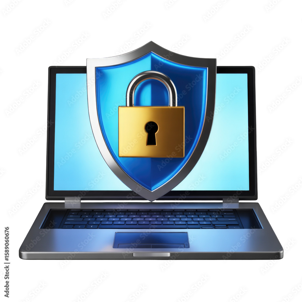 Cybersecurity shield and lock on laptop screen digital protection and privacy concept visualization Cybersecurity shield and lock on laptop screen digital protection and privacy concept visualization