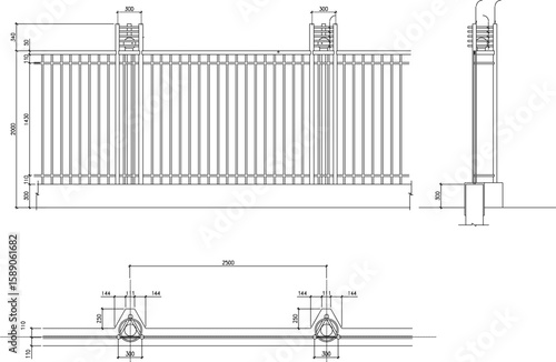 silhouette sketch vector illustration of modern iron fence gate design plan and elevation 