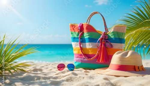 Wallpaper Mural Colorful beach bag, sunglasses, and hat on sandy shore.  Bright, sunny beach scene Torontodigital.ca