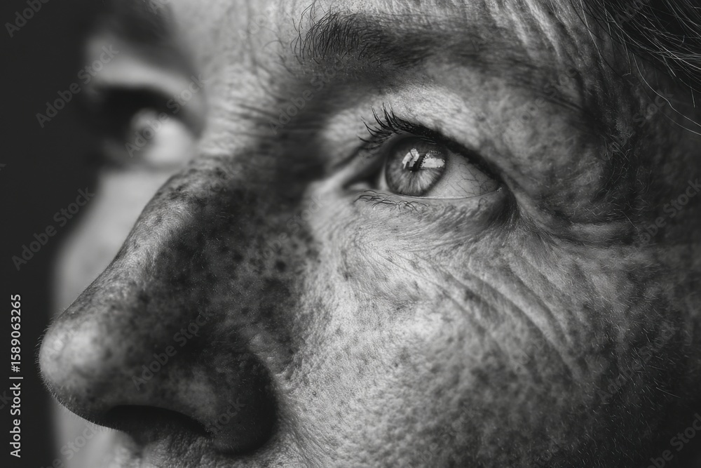 Naklejka premium Elderly woman with distinctive freckles gazes thoughtfully, highlighting her unique features and the depth of her life experiences in soft lighting