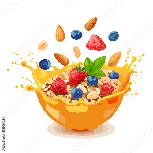 Bowl of Cereal with Berries, Almonds and Milk Splash