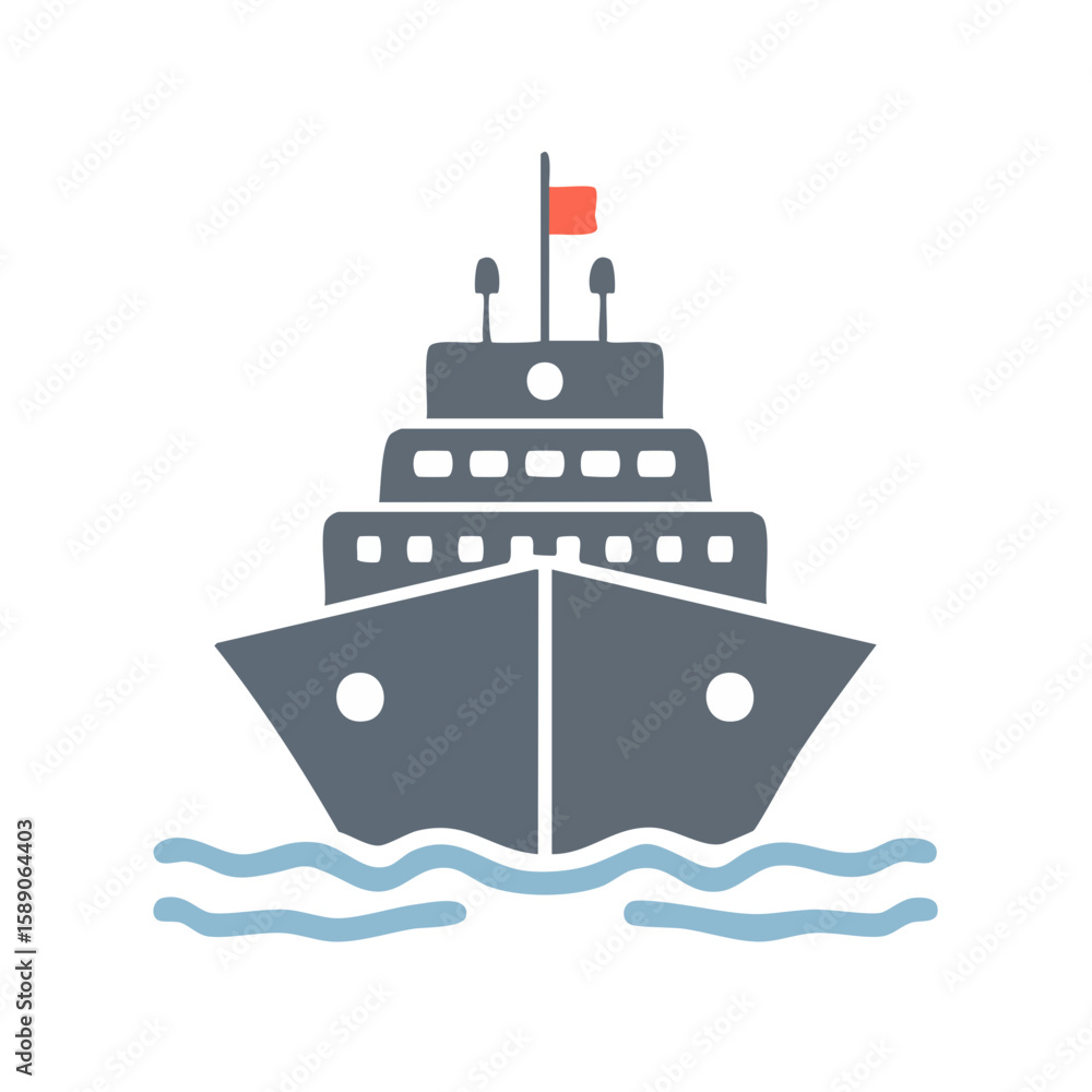 Obraz premium Flat vector illustration of a cruise ship sailing on the ocean waves, front view, on a black background