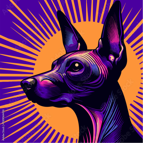 Xoloitzcuintli in pop art vector on dynamic purple and orange background