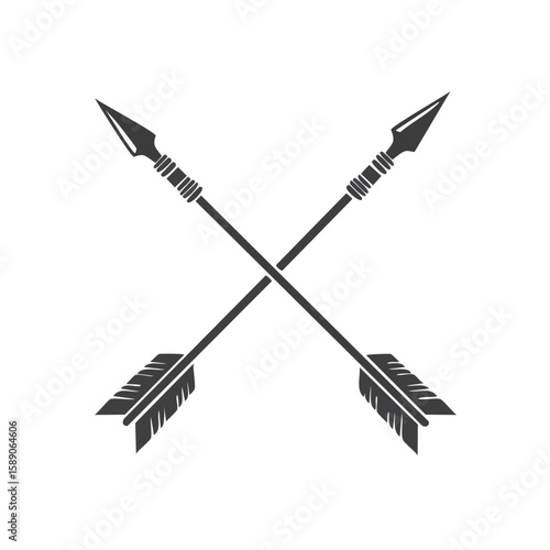 Crossed Arrows Silhouette Graphic on Black Background: Symbol of archery, hunting, or historical design element. Tribal weapon illustration.