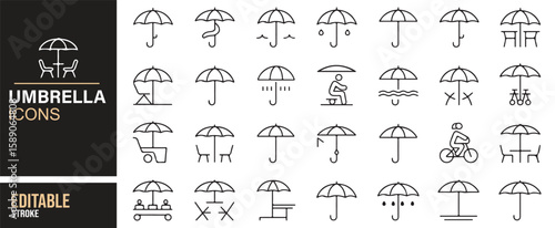 Icons depicting umbrellas in various scenarios such as rain, sun, cycling, and picnicking, ideal for travel and weather apps.
