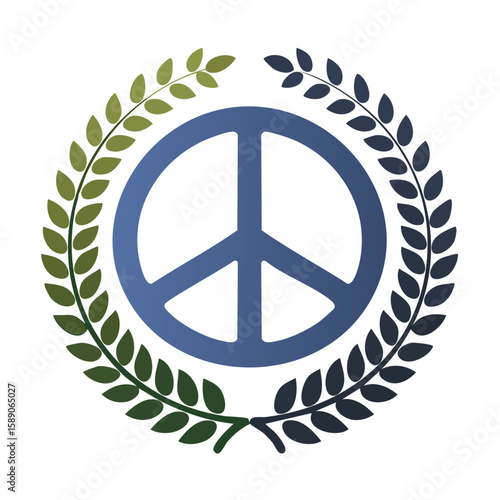 Peace symbol surrounded by laurel wreath on black background, vector graphic element