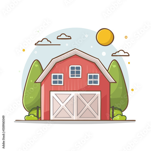 Cartoon Barn House with Trees and Cloudy Sky in Background, Farm Illustration