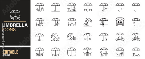 Collection of umbrella icons for use in weather, outdoor, and lifestyle-themed digital content.