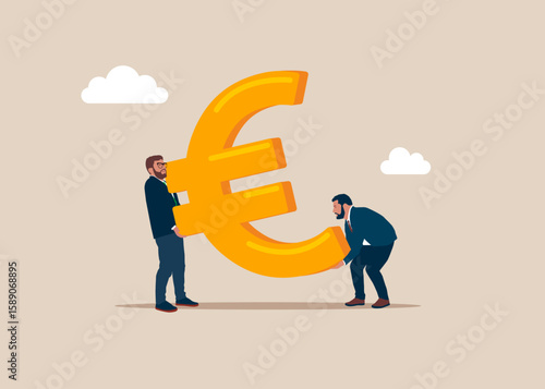 Partnership work together. Businessmen or workers collaboratively lifting a Euro sign, highlighting the importance of teamwork in improving company performance. business deal or merger and acquisition