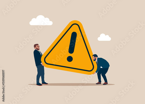 Partnership work together. Businessmen or workers collaboratively lifting a exclamation attention sign, highlighting the importance of teamwork in improving company performance. Identify risk. Vector