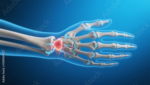 Human wrist and finger bone joints, 3D joint model, from the style, it is a medical visualization style.