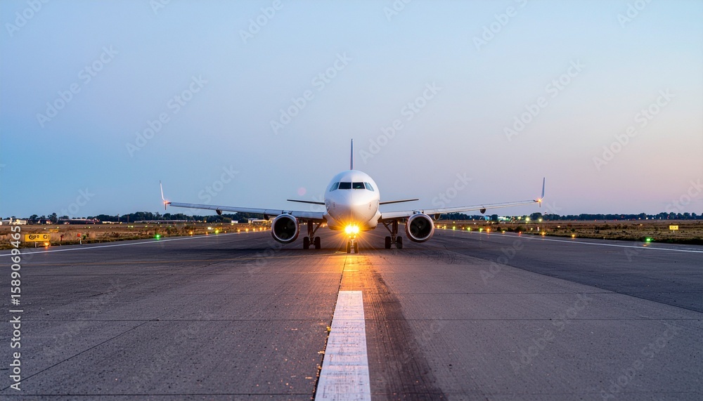 Fototapeta premium Lone Aircraft Taxiing with Illuminated Path at Dusk Under a Clear Twilight Sky