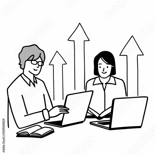 Minimalist line art of a mentor coaching a young entrepreneur, sitting with notebooks and laptops, arrows and progress icons in background, simple outline