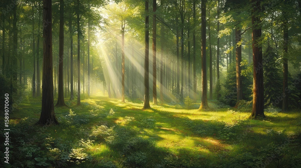 Fototapeta premium Sunbeams through a lush, green forest path.