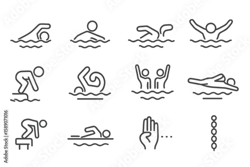 Outline swimming icons: swimming, diving, styles, figures, symbol