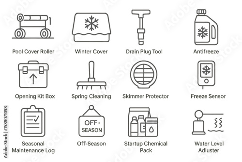 Pool maintenance tools: roller, winter cover, antifreeze, sensor, log